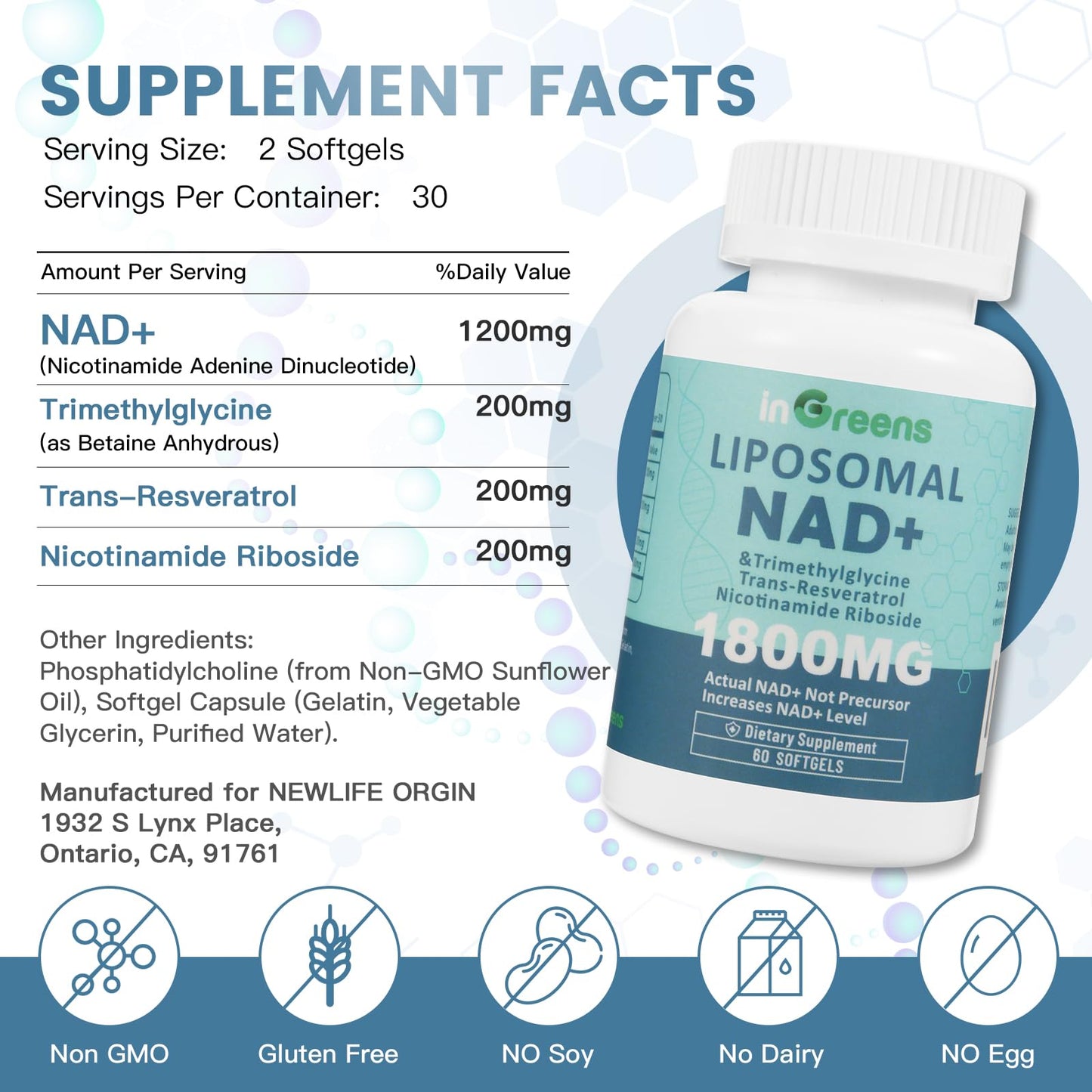 NAD+ Supplement(1800mg of  NAD+ Per Serving, 30 Day Supply) | Boost NAD+, Aging Defense，Cellular Energy and DNA Repair | 60 Softgels